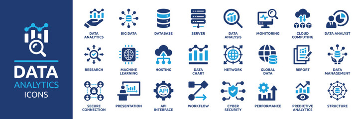 Data analytics icon set. Big data analysis technology symbol. Containing database, statistics, analytics, server, monitoring, computing and network icons. Solid icons vector collection.