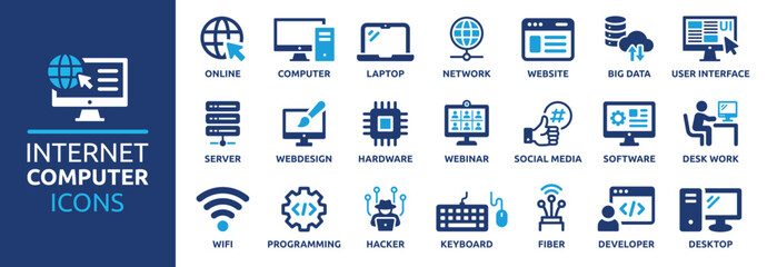 Internet computer icon set. Containing online, computer, network, website, server, web design, hardware, software and programming. Solid icons vector collection.