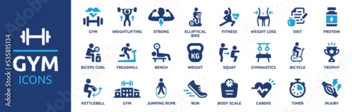 Obraz Gym and fitness icon set. Containing healthy lifestyle, weight training, body care and workout or exercise equipment icons. Solid icons vector collection.