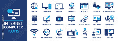 Internet computer icon set. Containing online, computer, network, website, server, web design, hardware, software and programming. Solid icons vector collection. photo
