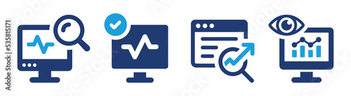 Monitoring icon set. Search engine optimization symbol. Analysis and data observation concept. Solid icons vector collection. photo