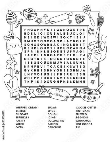 Kitchen Holiday Baking Word Search Activity Page. High quality photo. An 8.5 by 11 page ready for printing. photo
