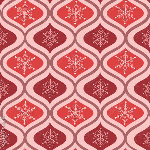Elegant Christmas snowflakes seamless pattern on red cherry and Burgundy ogee ovals. For wrapping paper, home décor and textile 
