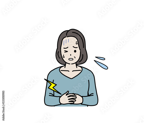 お腹が痛い中年の女性　腹痛　食あたり　食中毒　病気　症状　イラスト