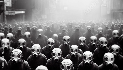 3D rendering of apocalyptic crowd in gas masks