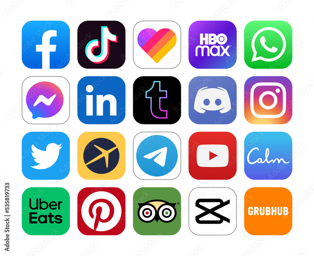 Vetor de Set of popular social media and other icons: Facebook, Tiktok ...