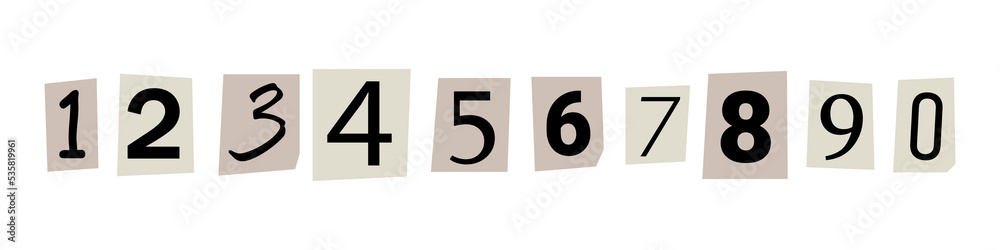 Obraz premium Vector ransom font. Numbers cuto-uts from newspaper. Criminal character set. Ransom black text on white paper. Numbers collection.