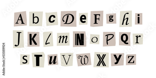 Vector ransom font. Letters cut-outs from newspaper. Character set. Criminal alphabet. Ransom black text on white paper.