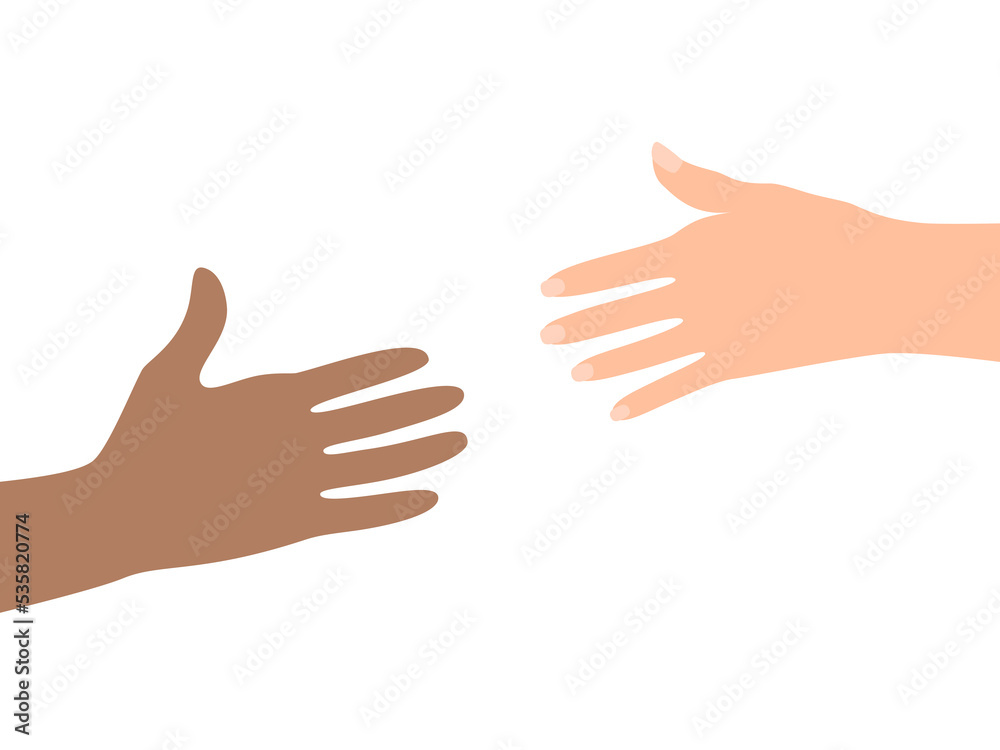 Hands reaching out to each over. Vector illustration in flat style. 