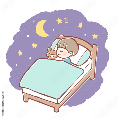 夜にベッドで眠る子どものイラスト