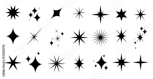 Set of sparkles star icons.Star icon.Bright firework.Light icon set.Flash,shine sparkle icon,glare,blink star.Black star icons isolated on white background