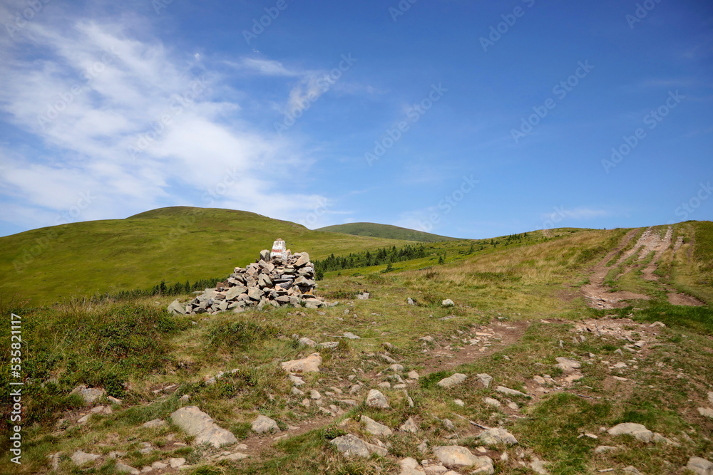 Route mark on Bliznytsia mountain, Carpathians, Ukraine