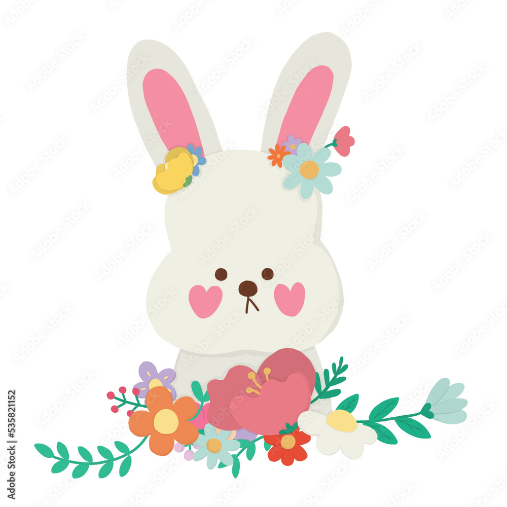 Cute White Rabbit With Flowers
