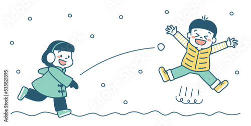 冬休み　雪合戦　子ども　イラスト　シンプル