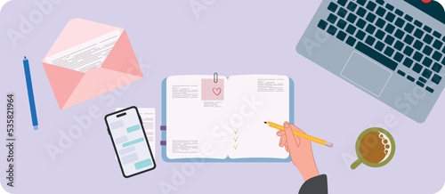 Notebook. Multitasking. Effective planning for the month. To-do list. Female hands write a plan in a notebook in a cozy home. Colorful vector flat cartoon illustration top view. Work schedule.
