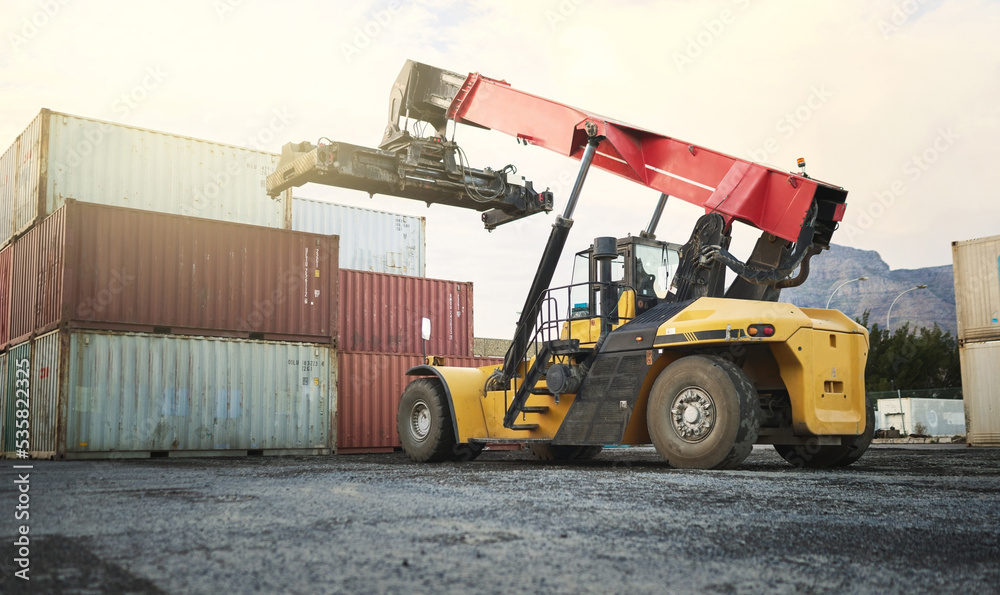 Shipping container, logistics crane truck and supply chain distribution port in freight export industry. Industrial site with transportation for storage, delivery loading and global ecommerce work Shipping container, logistics crane truck and supply chain distribution port in freight export industry. Industrial site with transportation for storage, delivery loading and global ecommerce work