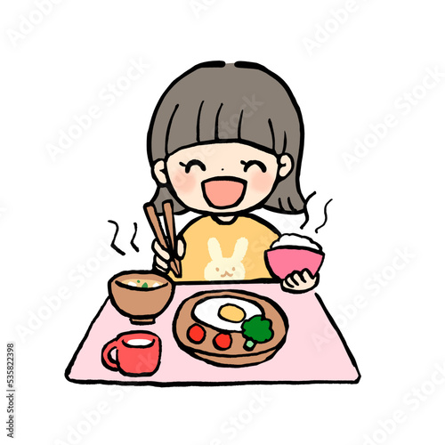美味しそうにご飯を食べる子どものイラスト