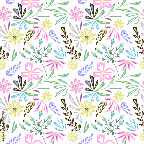Seamless cute retro floral pattern. Blue, yellow, pink flowers on a white background.