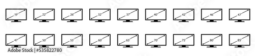Smart TV vector icon.  Screen size icon. Isolated vector. High quality. Diagonal screen size in 19, 22, 26, 32, 37, 40, 42, 46, 47, 50, 55, 60, 65, 70, 75, 80, 85  inches icons. EPS10