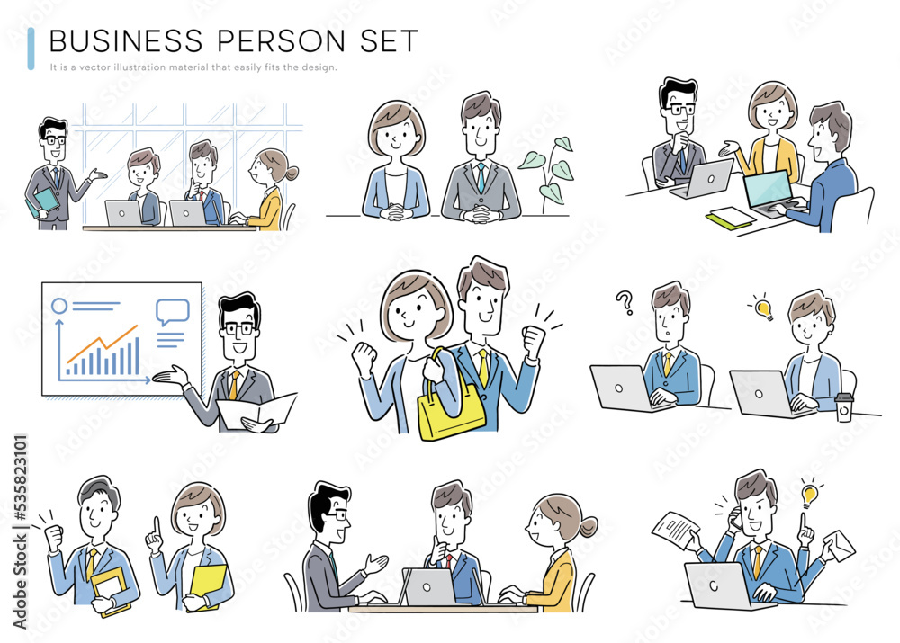 ベクターイラスト素材：働くビジネスパーソン、セット、コレクション、男女
