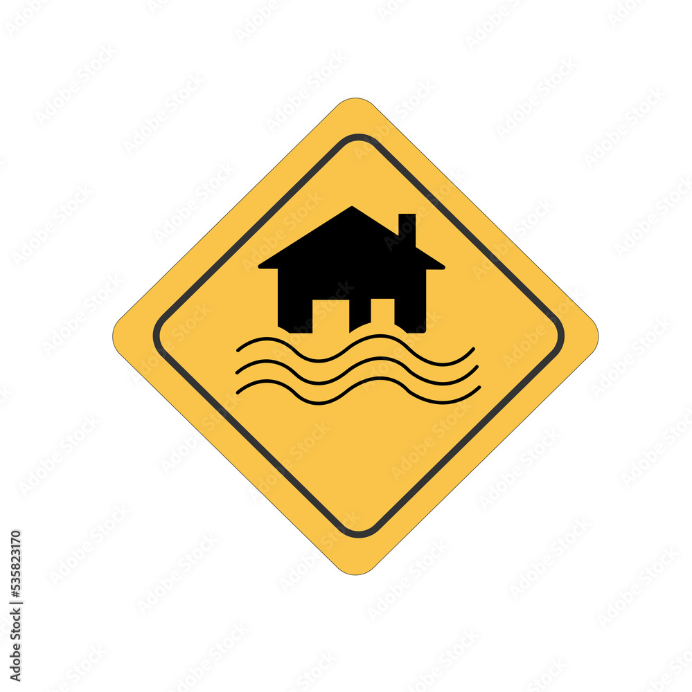 Flood Disaster Yellow Sign - House and waves on yellow sign isolated on white background
Flood Disaster Yellow Sign - House and waves on yellow sign isolated on white background