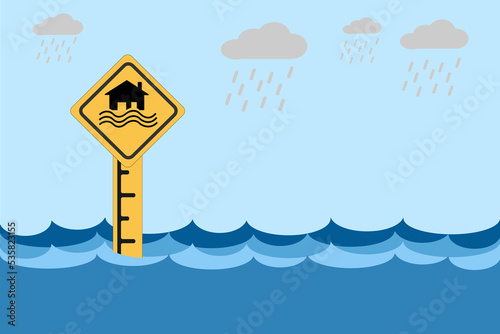 Flood disaster yellow sign - houses and waves on yellow sign isolated on flood level background.