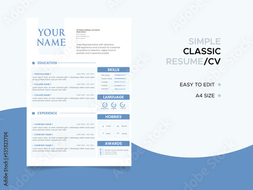 Resume template. Cv professional or designer jobs resumes. Work in best corporate. Professional job hiring list, business work hr interview document vector illustration