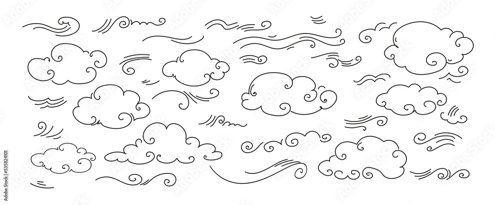 Vector doodle set of doodle wind, weather, environment. Illustration hand drawn style isolated on white background Vector doodle set of doodle wind, weather, environment. Illustration hand drawn style isolated on white background