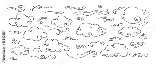 Vector doodle set of doodle wind, weather, environment. Illustration hand drawn style isolated on white background