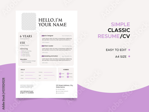 Resume template. Cv professional or designer jobs resumes. Work in best corporate. Professional job hiring list, business work hr interview document vector illustration