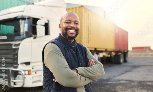 Fotografiet Delivery, container and happy truck driver moving industry cargo and freight at a shipping supply chain or warehouse