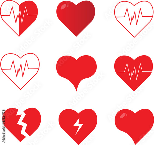 Set of different kind of red hearts. Pattern with heart with a cardiogram symbol, heartbreak, full heart, electricity. Collection with hearts icon for hospital, clinic and medical centre.