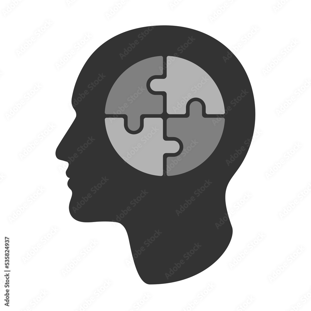 Profile men with jigsaw puzzle graphic icon. Psychology sign isolated on white background. Mental health symbol. Vector illustration Profile men with jigsaw puzzle graphic icon. Psychology sign isolated on white background. Mental health symbol. Vector illustration