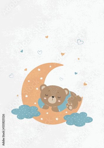 Cute little bear sleeping on a month with clouds. Baby illustration for posters, fabric prints and postcards. Vector