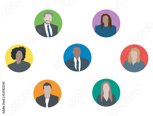 llustration of avatars featuring characters from an ethnically diverse and mixed age group of focused business professionals. Vector isolated on white background.