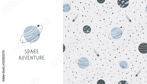 Seamless pattern with hand drawn planets