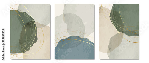 Set of vector watercolor art. Wallpaper design with brush and golden line. Earth tone blue, green, ivory, beige watercolor. Set of paintings Illustration for prints, wall art, covers