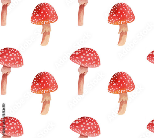 Fairy red mushroom. Woodland fly agaric pattern. Magic amanita