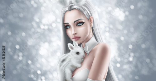 Fototapeta Naklejka Na Ścianę i Meble -  Beautiful woman ash blonde hair in white bunny ears holding a little white rabbit on shiny background