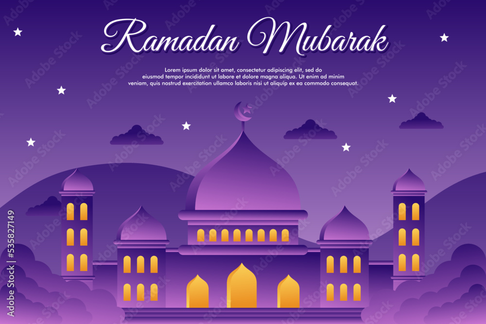 Line art illustrated Ramadan Mubarak Purple background design template