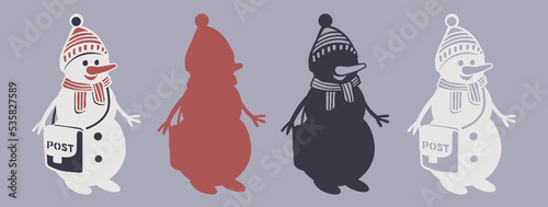Snowman with bag. Christmas layered cutting card. Vector illustration