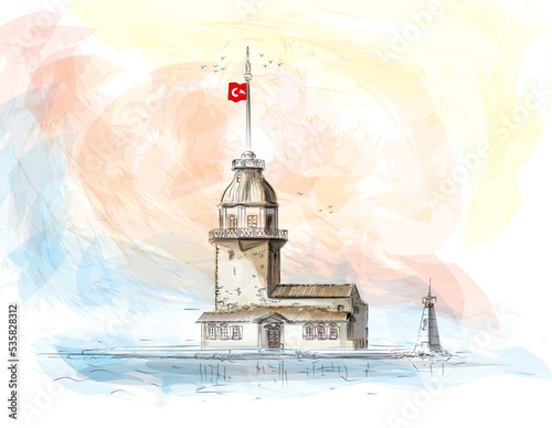 Turkey Maiden's Tower drawing vector color