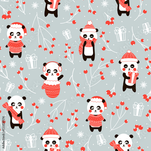 Christmas seamless pattern with cute chinese panda bear character on rgray background