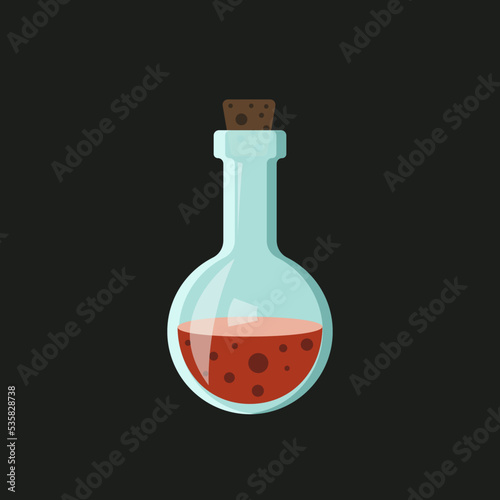 Glass bottle with magic red liquid or potion and brown cork isolated on black background. Flat style. Vector illustration