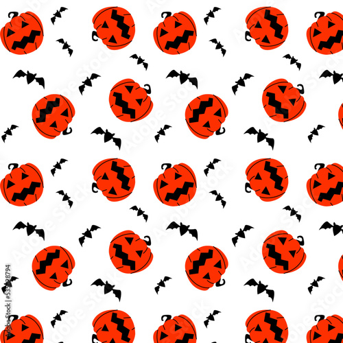 Seamless pattern with pumpkin silhouette and flying bat, dark color. Happy Halloween. Sample in file. Vector illustration