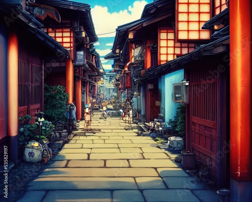 Alleyway between Japanese street houses of Kyoto