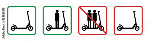 Elektro Scooter erlaubt, verboten Icon set. Schild für zulässige und verbotene Verwendung von Elektrorollern. Tretroller nicht erlaubt. 