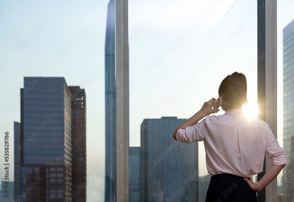 Businesswoman using mobile phone in front of the window Businesswoman using mobile phone in front of the window