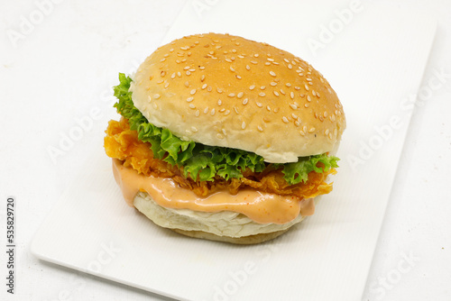 Spicy Chicken Burger on white background