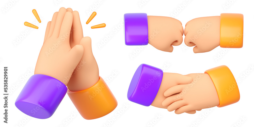 3d Human Handshake, clapping and punching . Business succes, teamwork, agreement, friendship and ovation concept. High quality isolated render - obrazy, fototapety, plakaty 